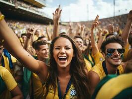 brasiliansk kvinna firar henne fotboll lag seger ai generativ foto