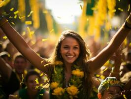 brasiliansk kvinna firar henne fotboll lag seger ai generativ foto