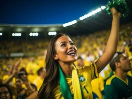 brasiliansk kvinna firar henne fotboll lag seger ai generativ foto