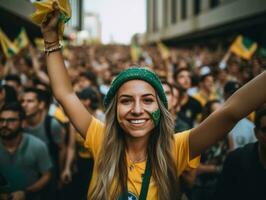 brasiliansk kvinna firar henne fotboll lag seger ai generativ foto
