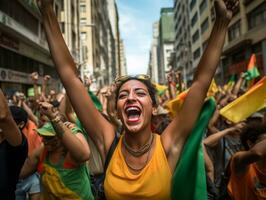 brasiliansk kvinna firar henne fotboll lag seger ai generativ foto