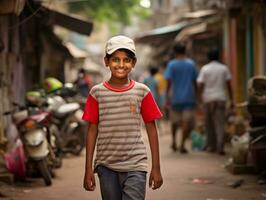 unge åtnjuter en maklig promenad genom de vibrerande stad gator ai generativ foto