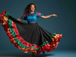 mexikansk kvinna i lekfull utgör på fast bakgrund ai generativ foto
