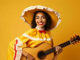 mexikansk kvinna i emotionell dynamisk utgör på fast bakgrund ai generativ foto