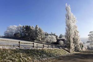 härlig saga snöig vinterbygd med blå himmel i centrala Böhmen, Tjeckien foto