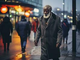 man åtnjuter en maklig promenad genom de vibrerande stad gator ai generativ foto