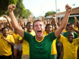 brasiliansk man firar hans fotboll lag seger ai generativ foto