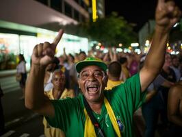 brasiliansk man firar hans fotboll lag seger ai generativ foto