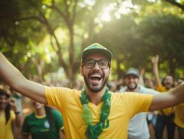 brasiliansk man firar hans fotboll lag seger ai generativ foto