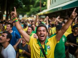 brasiliansk man firar hans fotboll lag seger ai generativ foto