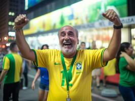 brasiliansk man firar hans fotboll lag seger ai generativ foto