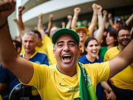 brasiliansk man firar hans fotboll lag seger ai generativ foto