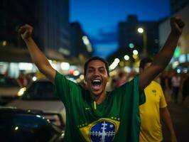 brasiliansk man firar hans fotboll lag seger ai generativ foto