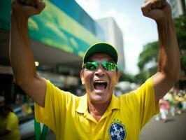 brasiliansk man firar hans fotboll lag seger ai generativ foto