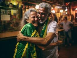 brasiliansk man firar hans fotboll lag seger ai generativ foto