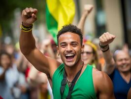 brasiliansk man firar hans fotboll lag seger ai generativ foto