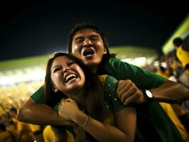 brasiliansk man firar hans fotboll lag seger ai generativ foto