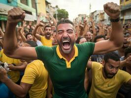 brasiliansk man firar hans fotboll lag seger ai generativ foto