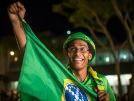 brasiliansk man firar hans fotboll lag seger ai generativ foto