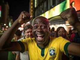 brasiliansk man firar hans fotboll lag seger ai generativ foto