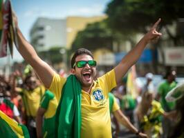 brasiliansk man firar hans fotboll lag seger ai generativ foto