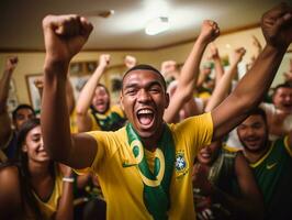 brasiliansk man firar hans fotboll lag seger ai generativ foto