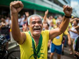 brasiliansk man firar hans fotboll lag seger ai generativ foto