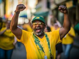 brasiliansk man firar hans fotboll lag seger ai generativ foto