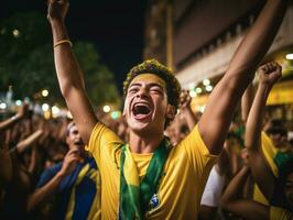 brasiliansk man firar hans fotboll lag seger ai generativ foto