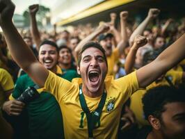 brasiliansk man firar hans fotboll lag seger ai generativ foto