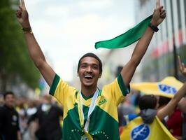 brasiliansk man firar hans fotboll lag seger ai generativ foto