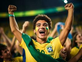 brasiliansk man firar hans fotboll lag seger ai generativ foto