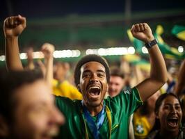 brasiliansk man firar hans fotboll lag seger ai generativ foto