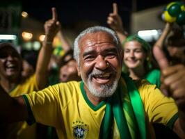 brasiliansk man firar hans fotboll lag seger ai generativ foto