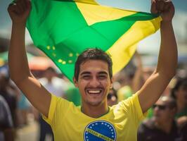 brasiliansk man firar hans fotboll lag seger ai generativ foto