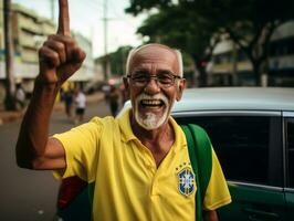 brasiliansk man firar hans fotboll lag seger ai generativ foto