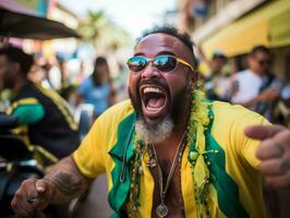 brasiliansk man firar hans fotboll lag seger ai generativ foto