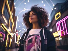kvinna i trogen kläder åtnjuter maklig promenad genom neon stad gator ai generativ foto