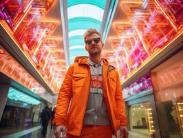 man i framtida bevis kläder åtnjuter en maklig promenad genom en neon belyst stad gator ai generativ foto
