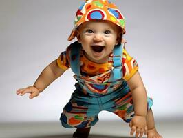 förtjusande bebis med vibrerande Kläder i en lekfull utgör ai generativ foto