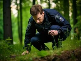 polis är noggrant granskning de scen för bevis under hans undersökning ai generativ foto