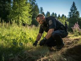 polis är noggrant granskning de scen för bevis under hans undersökning ai generativ foto