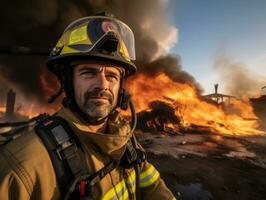 modig manlig brandman utan rädsla konfronterar de flammande inferno ai generativ foto