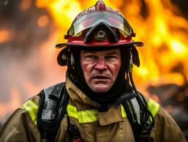 modig manlig brandman utan rädsla konfronterar de flammande inferno ai generativ foto