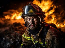 modig manlig brandman utan rädsla konfronterar de flammande inferno ai generativ foto