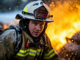 modig manlig brandman utan rädsla konfronterar de flammande inferno ai generativ foto