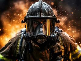 modig manlig brandman utan rädsla konfronterar de flammande inferno ai generativ foto