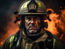 modig manlig brandman utan rädsla konfronterar de flammande inferno ai generativ foto