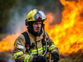 modig manlig brandman utan rädsla konfronterar de flammande inferno ai generativ foto