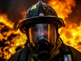 modig manlig brandman utan rädsla konfronterar de flammande inferno ai generativ foto